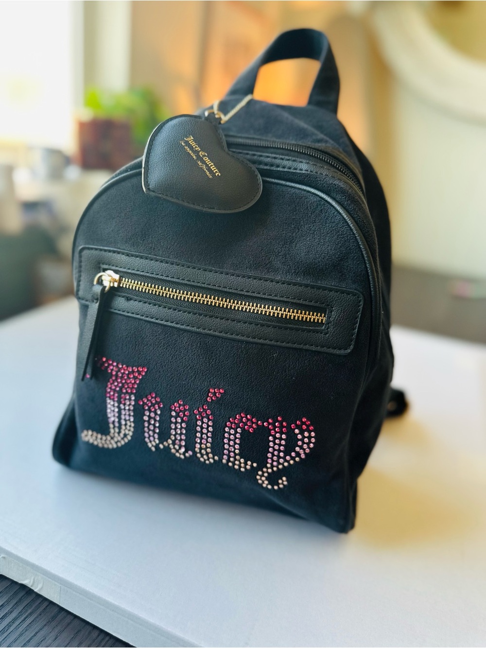 Juicy Couture Black Velour Pink Rhinestone Mini Backpack Y2K McBling
